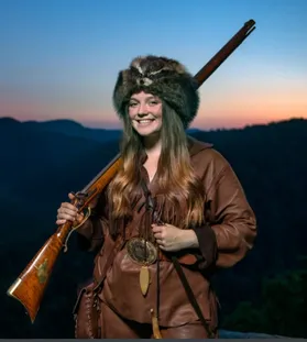 Mary Roush, the 68th Mountaineer mascot. She is wearing her buckskin uniform with her rifle in hand. She has long brown hair.