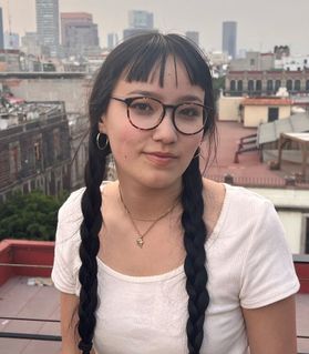 Headshot of WVU student Alaira Hudson. She is pictured with a city skyline behind her. She is wearing a white shirt and has her long black hair in two braids. She also wears round glasses. 