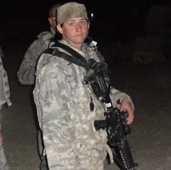 WVU Student Amanda Valentine is pictured here in military fatigues during an overseas deployment. 