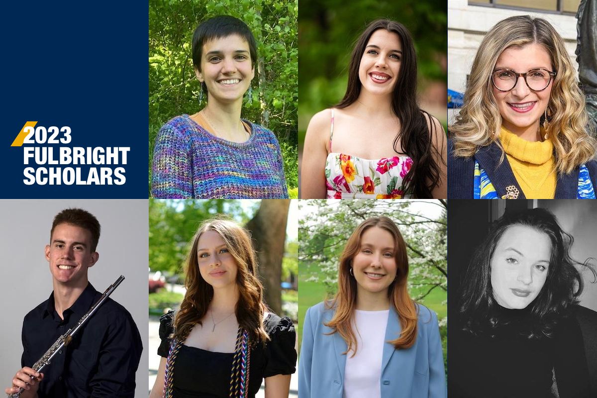 This composite image shows the seven 2023 recipients of Fulbright Scholarships. The photos are arranged in a grid with three at the top and four at the bottom.