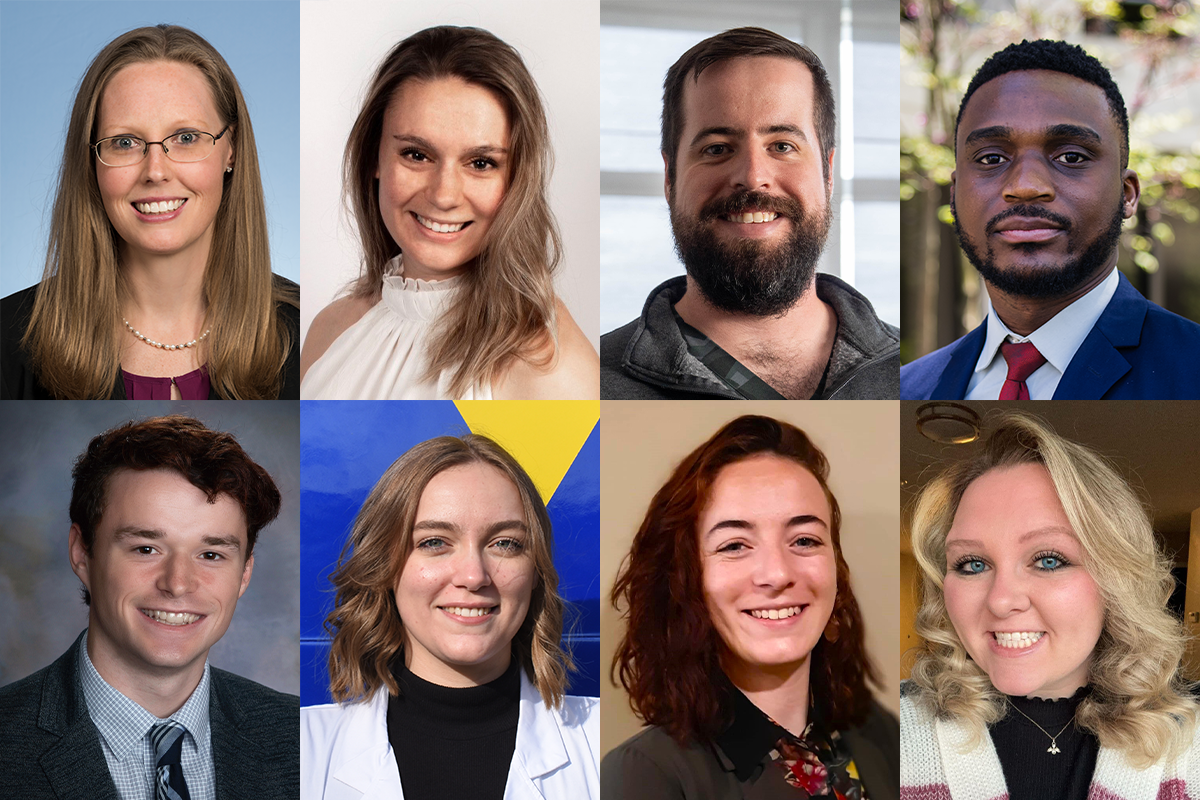 Eight photos of WVU graduate students are lined up in two rows.