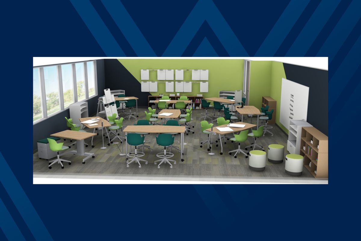 photo of a classroom model with moveable desks and chairs and large windows, green and black walls painted on a diagonal