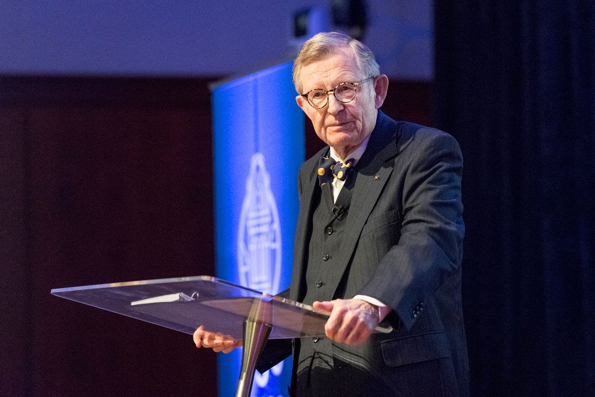 WVU President Gordon Gee pictured at the podium as he delivered his fall 2017 State of the University address.