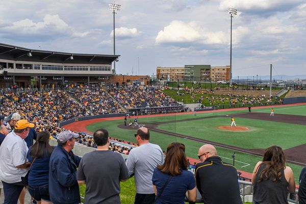 Crowded stands at WVU baseball game.
