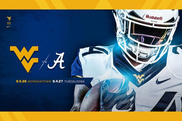 A WVU football player next to the flying WV logo and the Alabama A logo.