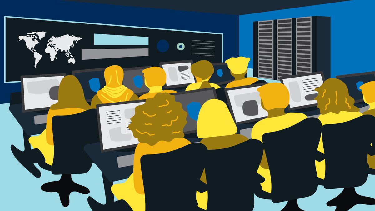 An illustration showing people sitting in rows at computers in a computer lab. There is a world map on the wall in front of them. 