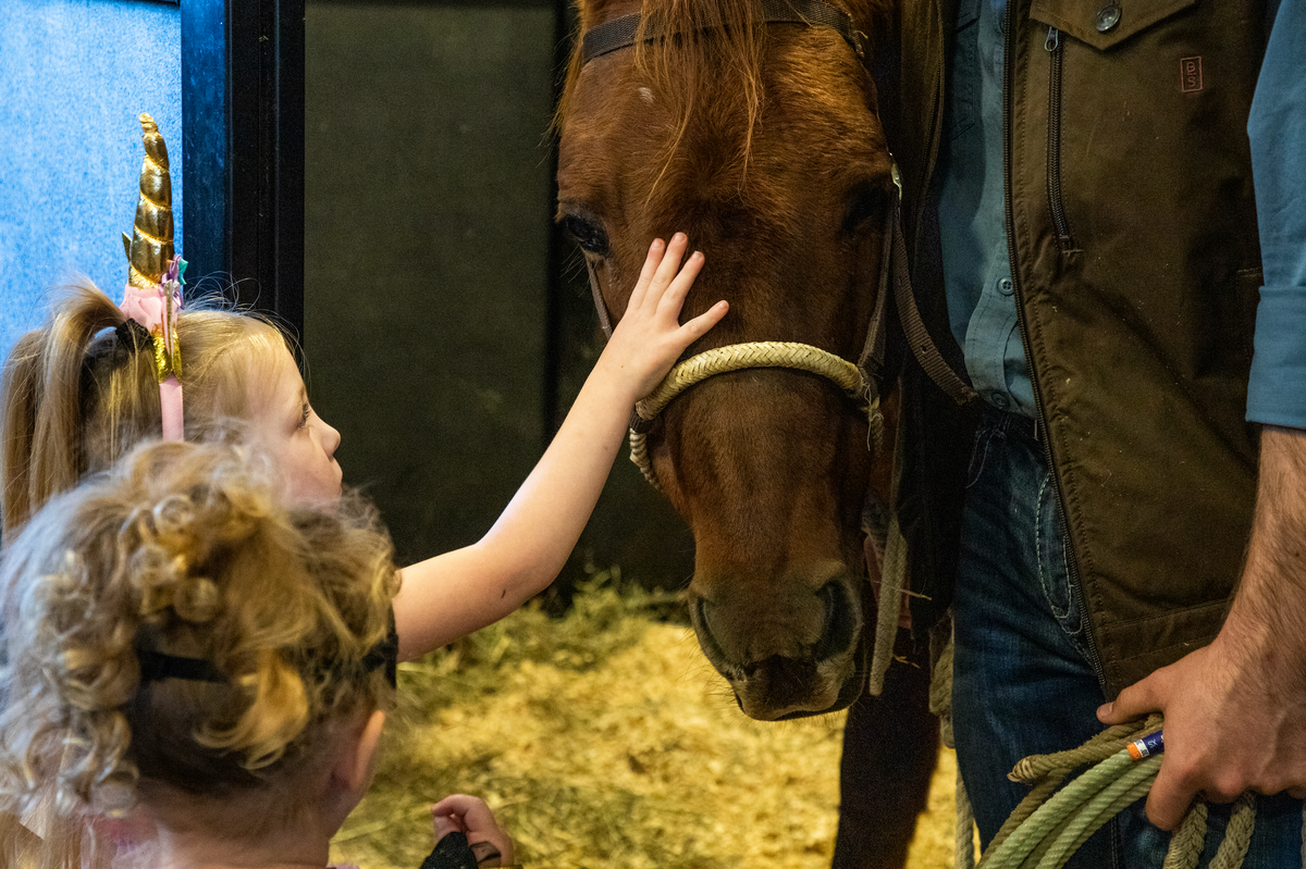 Photo of young girl in costume petting a horse.
