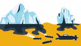 An illustration depicting marine robots exploring the ocean underneath giant Arctic Ocean icebergs. 