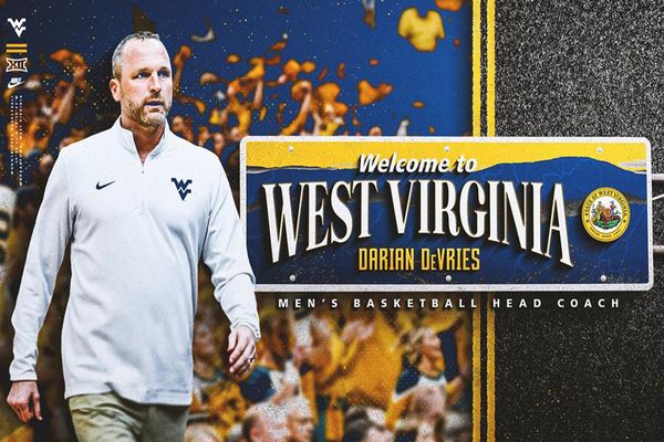 A graphic shows Darian DeVries in a white shirt alongside a gold and blue graphic that says 'Welcome to West Virginia.'