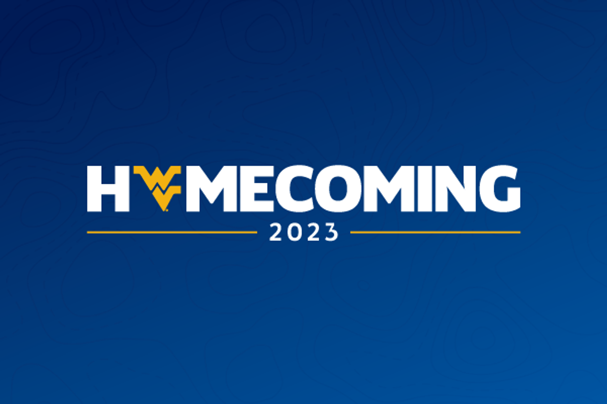 A blue graphic with the words Homecoming 2023 written in white. The O in homecoming is a Flying WV and a gold bar is drawn on either side of the year. 