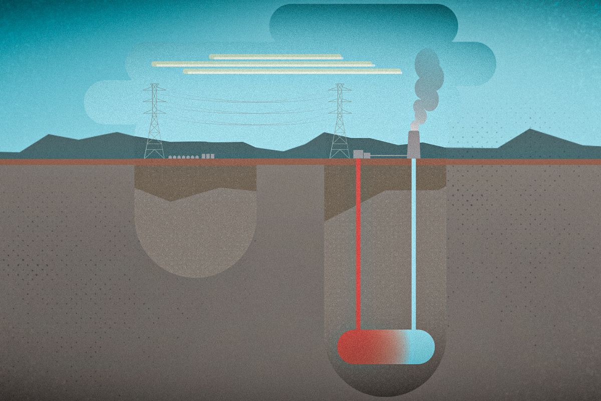 A graphic depiction of a geothermal well with a sky in blue at the top and then two brown holes in the ground. A red and blue container fills the hole on the right.