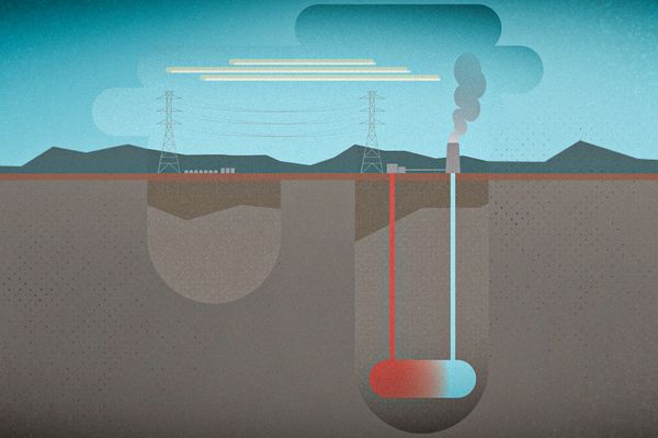 A graphic depiction of a geothermal well with a sky in blue at the top and then two brown holes in the ground. A red and blue container fills the hole on the right.