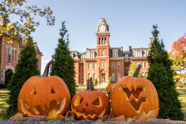 Three carved jack-o'-lanterns placed on the ground in front of Woodburn Hall on the WVU campus. 