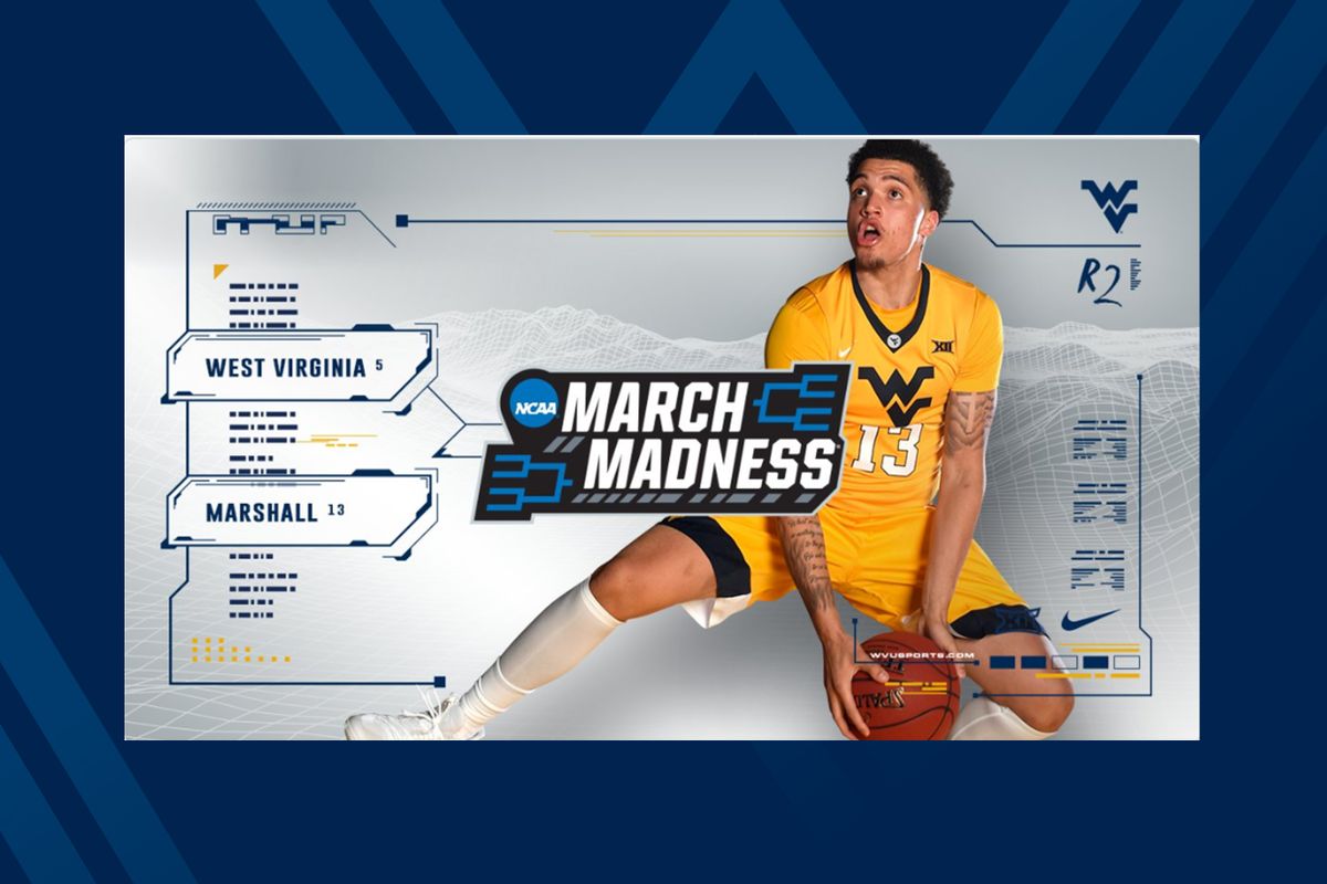 March Madness logo with WVU player holding basketball