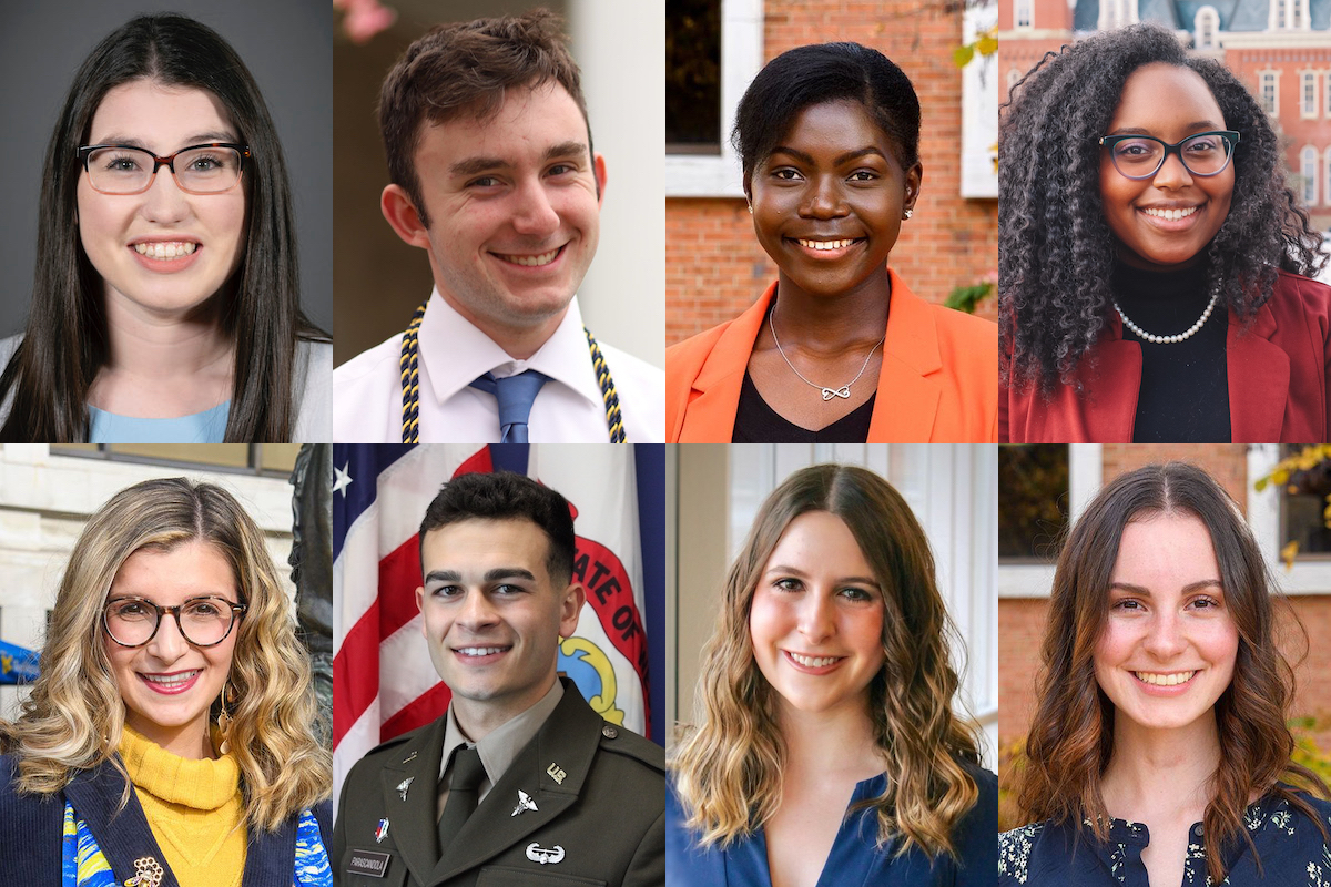 This is a composite graphic of the eight recipients of the Order of Augusta, the most prestigious West Virginia University student award for graduating seniors..