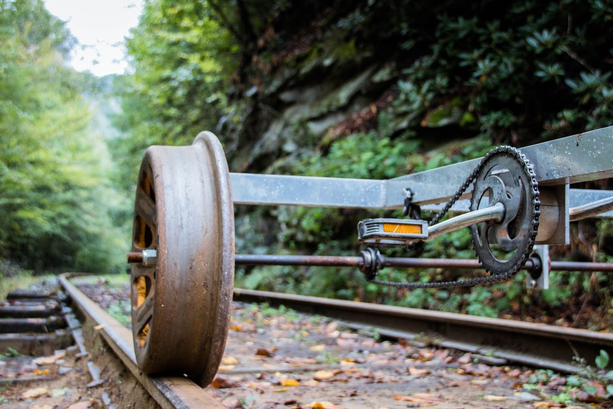 Photo of a wheel and pedal on a railroad track