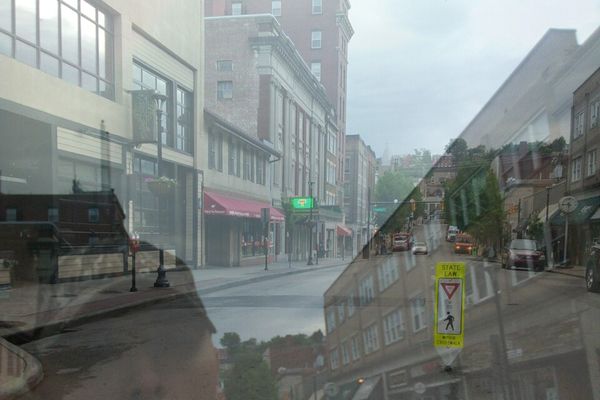Morgantown photo, reflected in glass