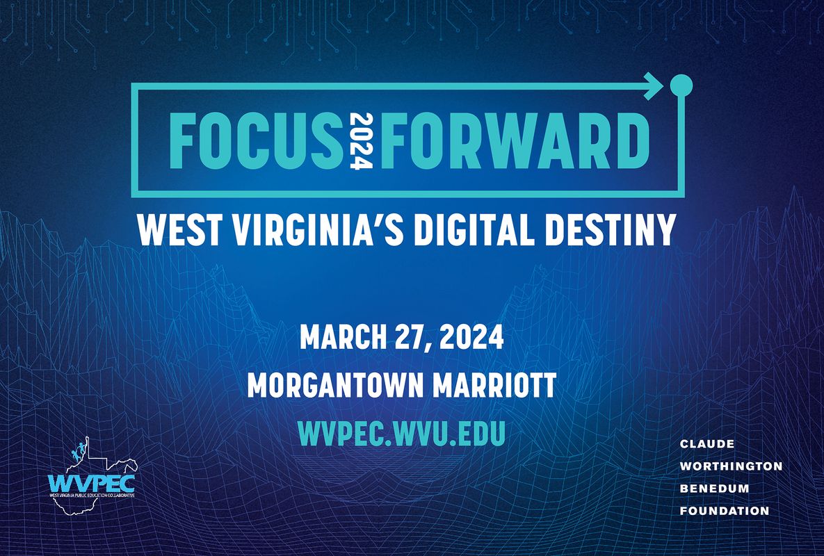 Graphic for Focus Forward conference. The background is dark royal blue and the words are a mixture of turquoise and white featuring the event details and sponsor information. 