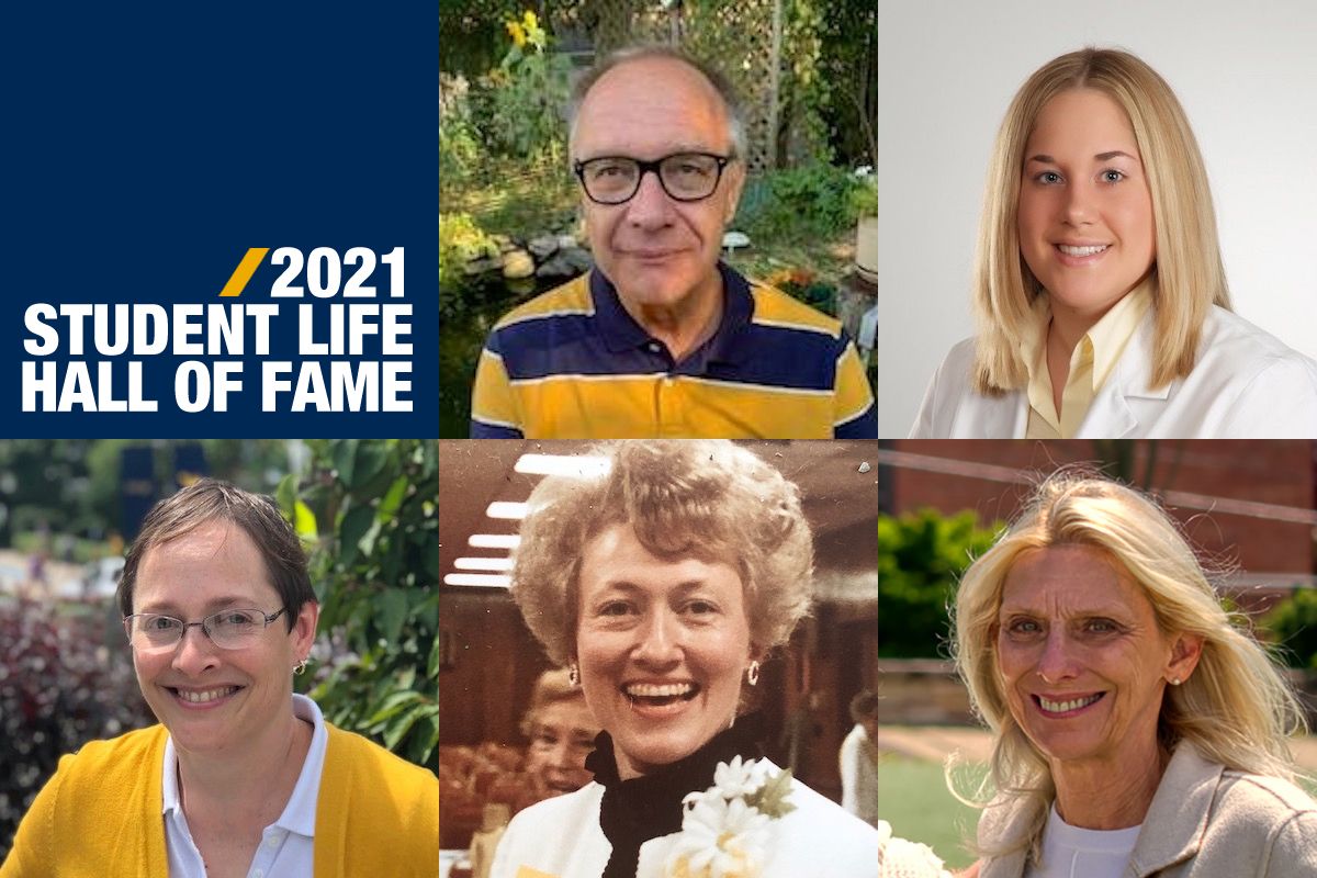 composite of five people, one man, four women 2021 WVU Student Life Hall of Fame