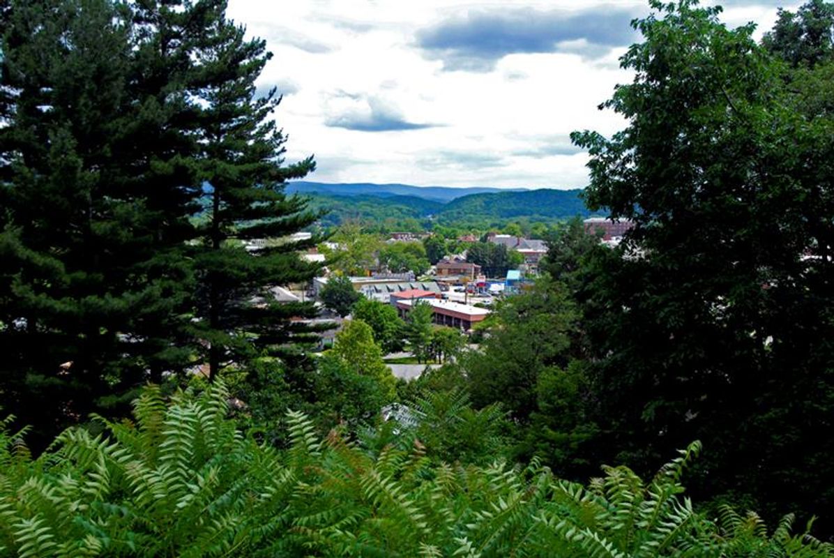 The city of Elkins in West Virginia is seen from a hilltop, looking through green trees under a cloudy sky.