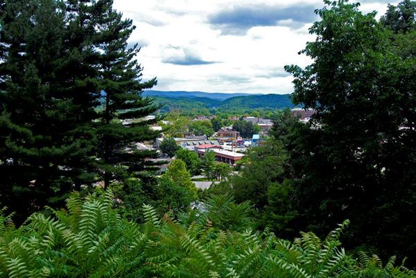 The city of Elkins in West Virginia is seen from a hilltop, looking through green trees under a cloudy sky.