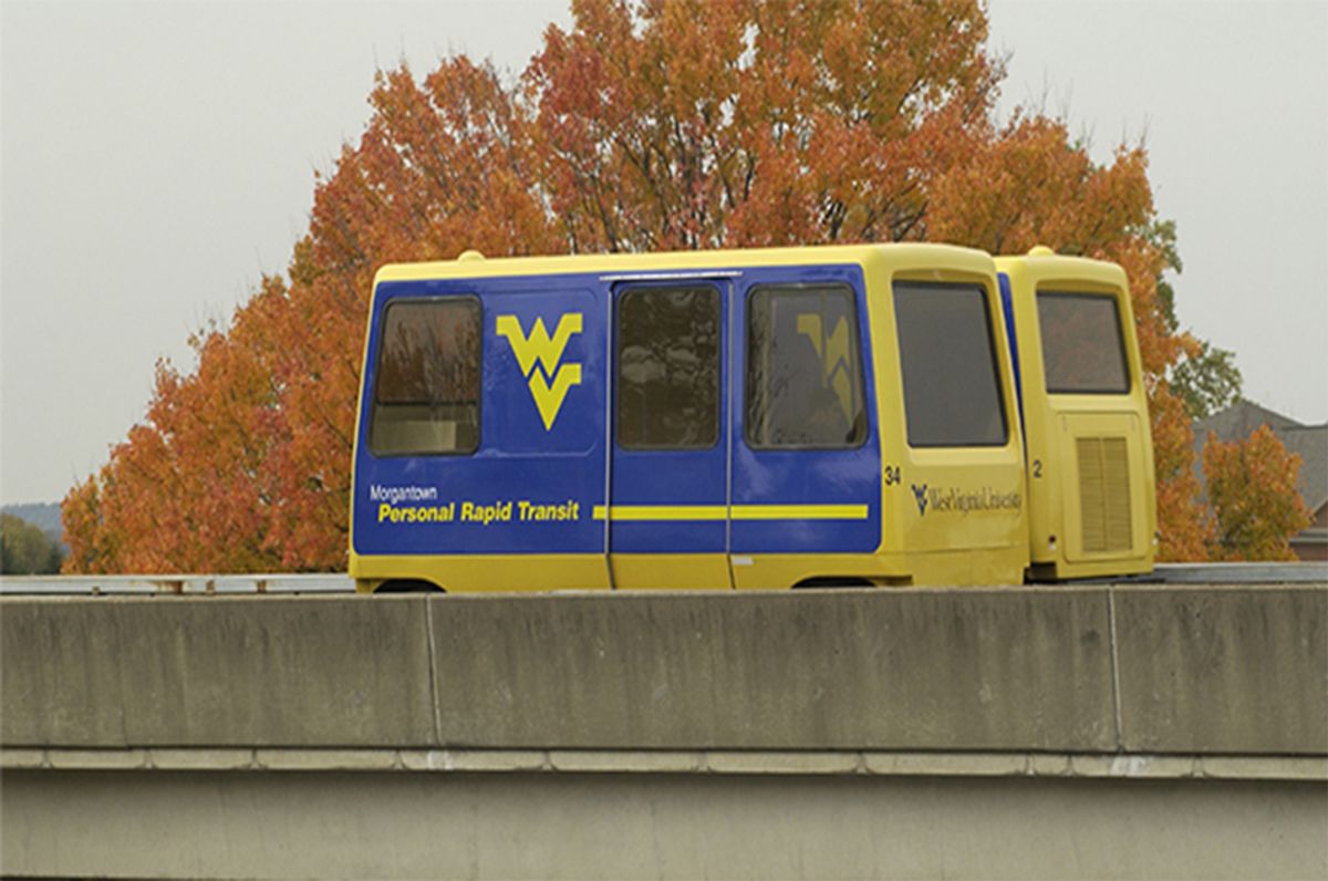 PRT cars traveling the tracks on WVU campus