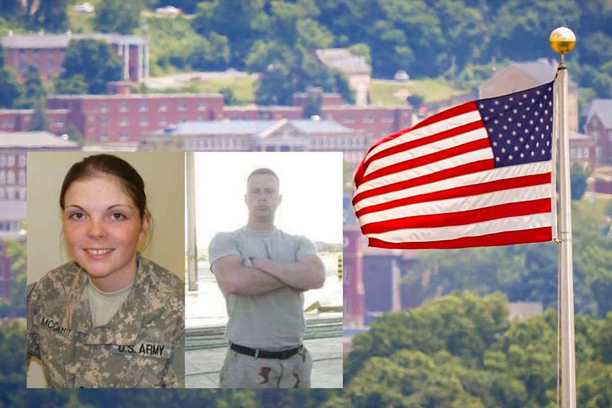 Photos of two soldiers next to an American flag with the WVU downtown campus as a back drop