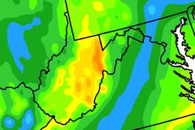 A heat map of West Virginia showing the presence of possible geothermal energy underground. 