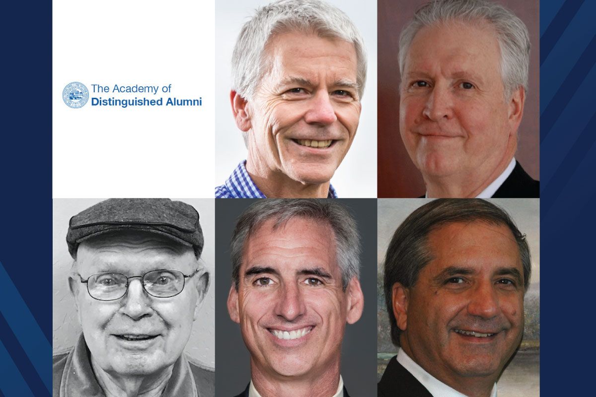 Composite photo of the 2018 Academy of Distinguished Alumni inductees: Keith Bowers, Michael Flowers, Albert Lewis, Oliver Luck, Alan Zuccari, along with the wordmark for the Academy. 