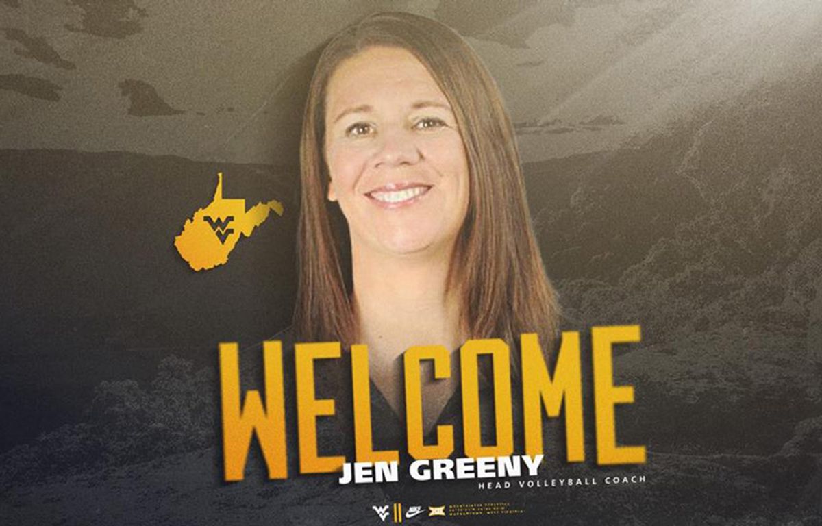 A graphic showing the new WVU volleyball coach Jen Greeny on a gray background with the word 