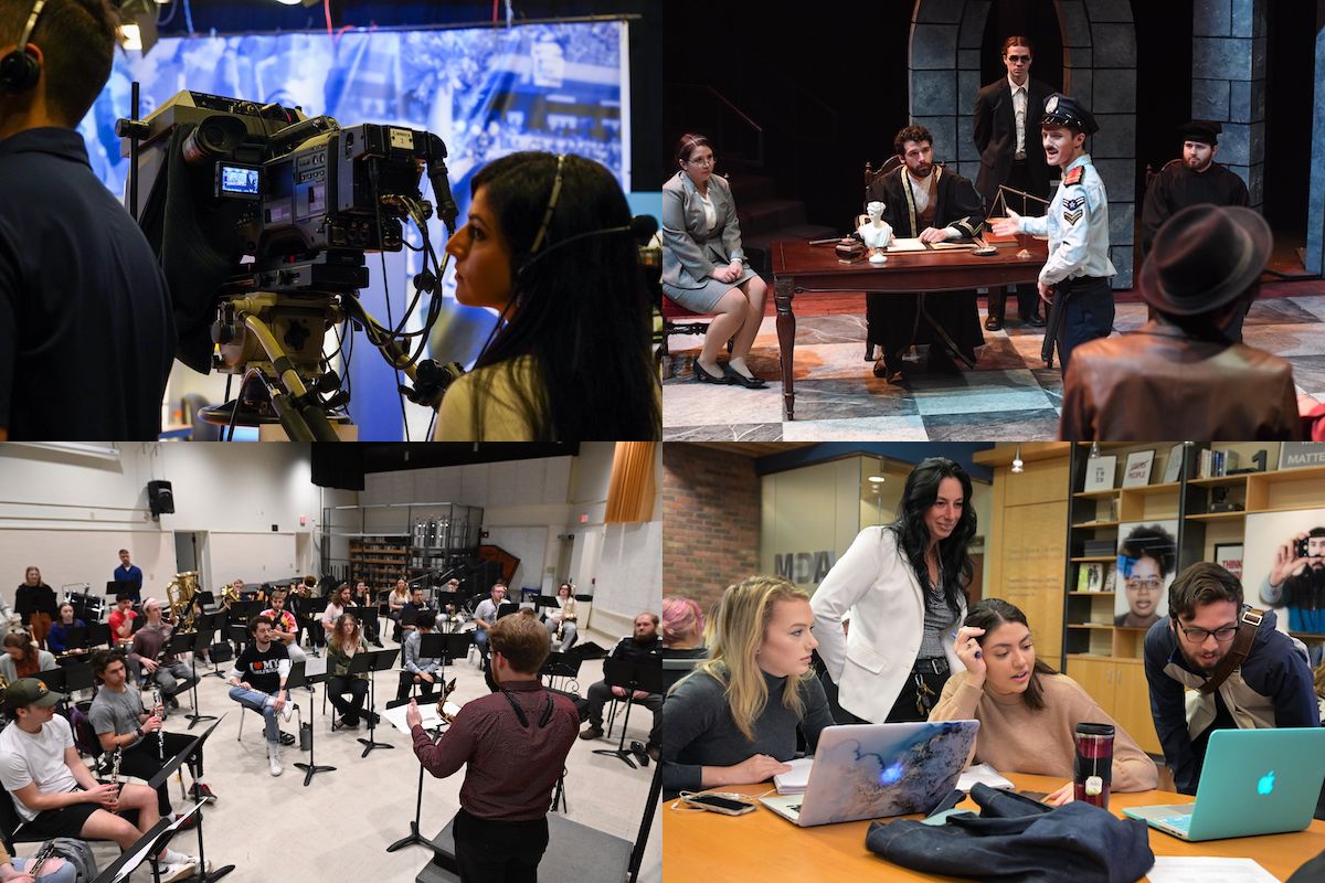 This is a composite of four photos. Starting in the top left, a person works behind a television camera. In the top right, a play is staged. In the bottom left, a music class is underway. In the bottom right students work around a Media Center table.