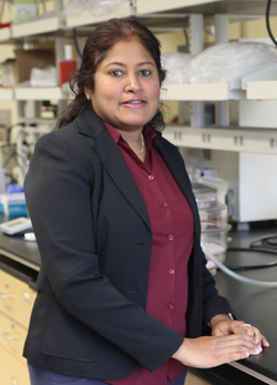 Professor Soumya Srivastava pictured in her lab. She wearing a black jacket and a maroon shirt. She has long dark hair pulled away from her face. 