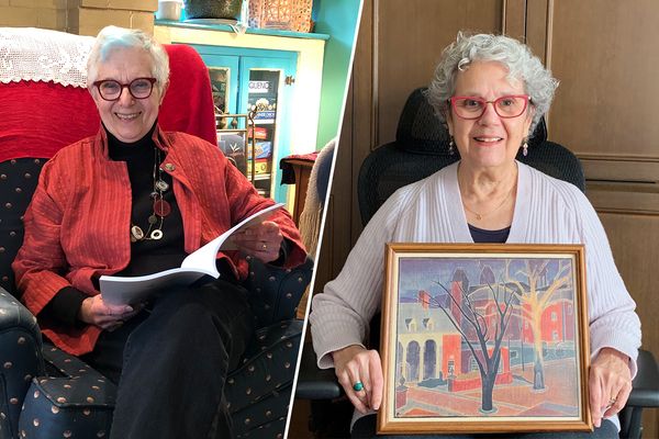 WVU Professor Emerita Judith Gold Stitzel (at left) partnered with former student Suzanne Temple (at right) to establish the “Stitzel/Temple Endowment. The photos are combined in a composite with Sitzel seated in chair reading and Temple holding a paintin