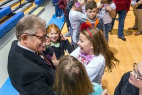 WVU President Gordon Gee with students at Mylan Park Elementary during Hour of Code.