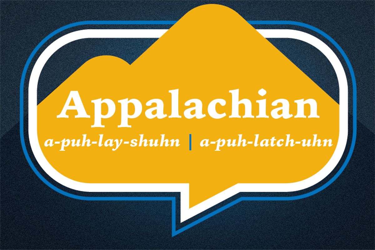 The word Appalachian is written in white in front of an illustration of gold mountains in a white and blue word bubble on a blue background. Two pronunciations are spelled out in white under the word.