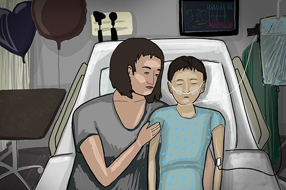 An illustration of an adult with a child in a hospital bed