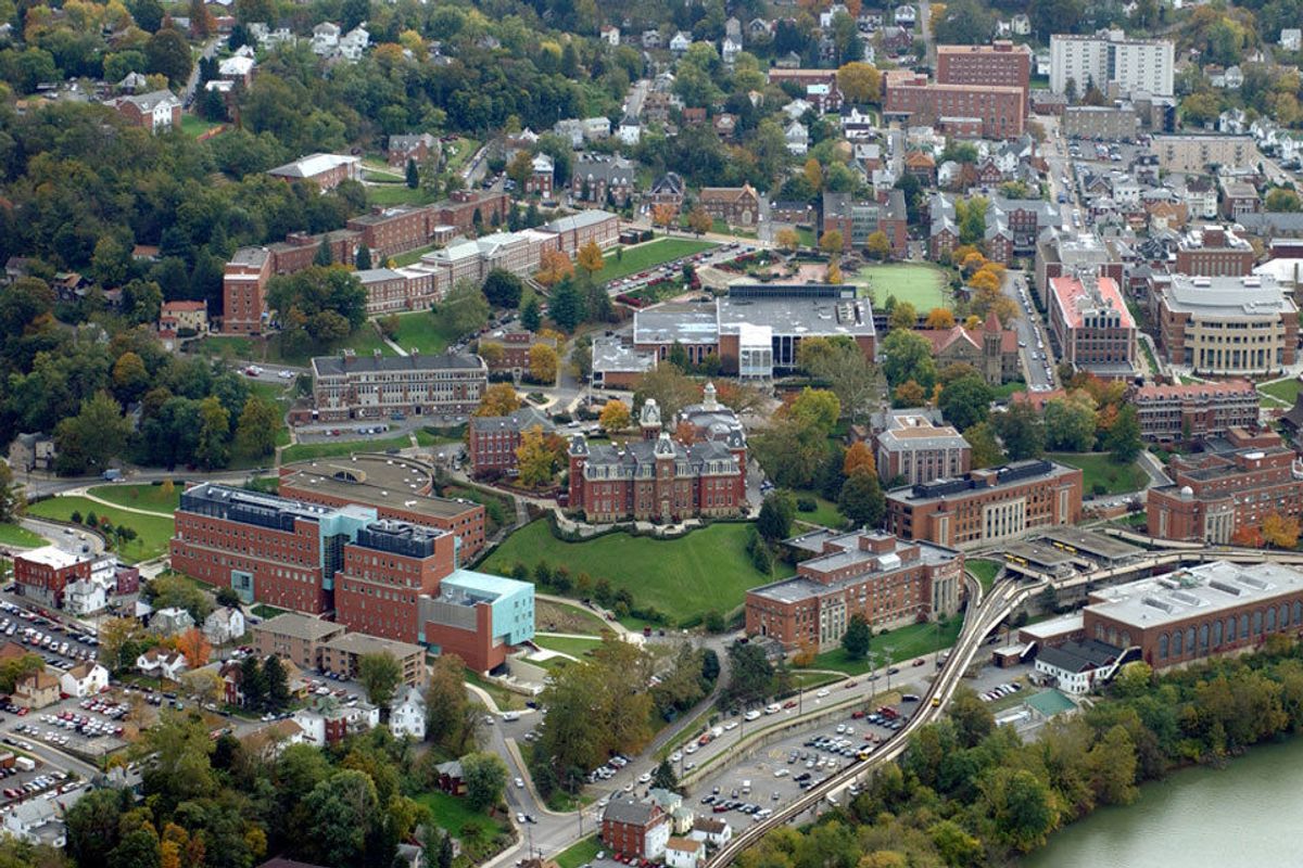 An aerial view of WVU's downtown campus