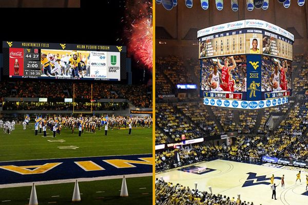 composite photo of lighted football, basketball scoreboards