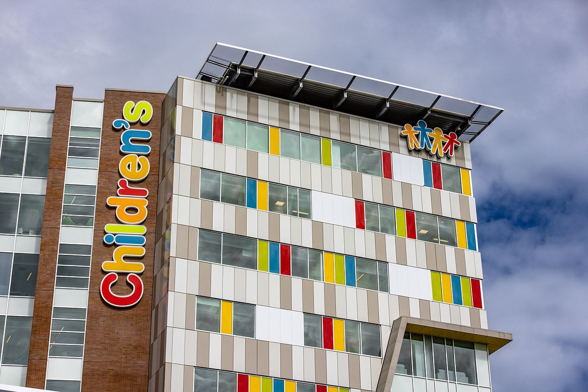 Photograph of the brightly colored exterior of WVU Medicine Children's Hospital in Morgantown. 