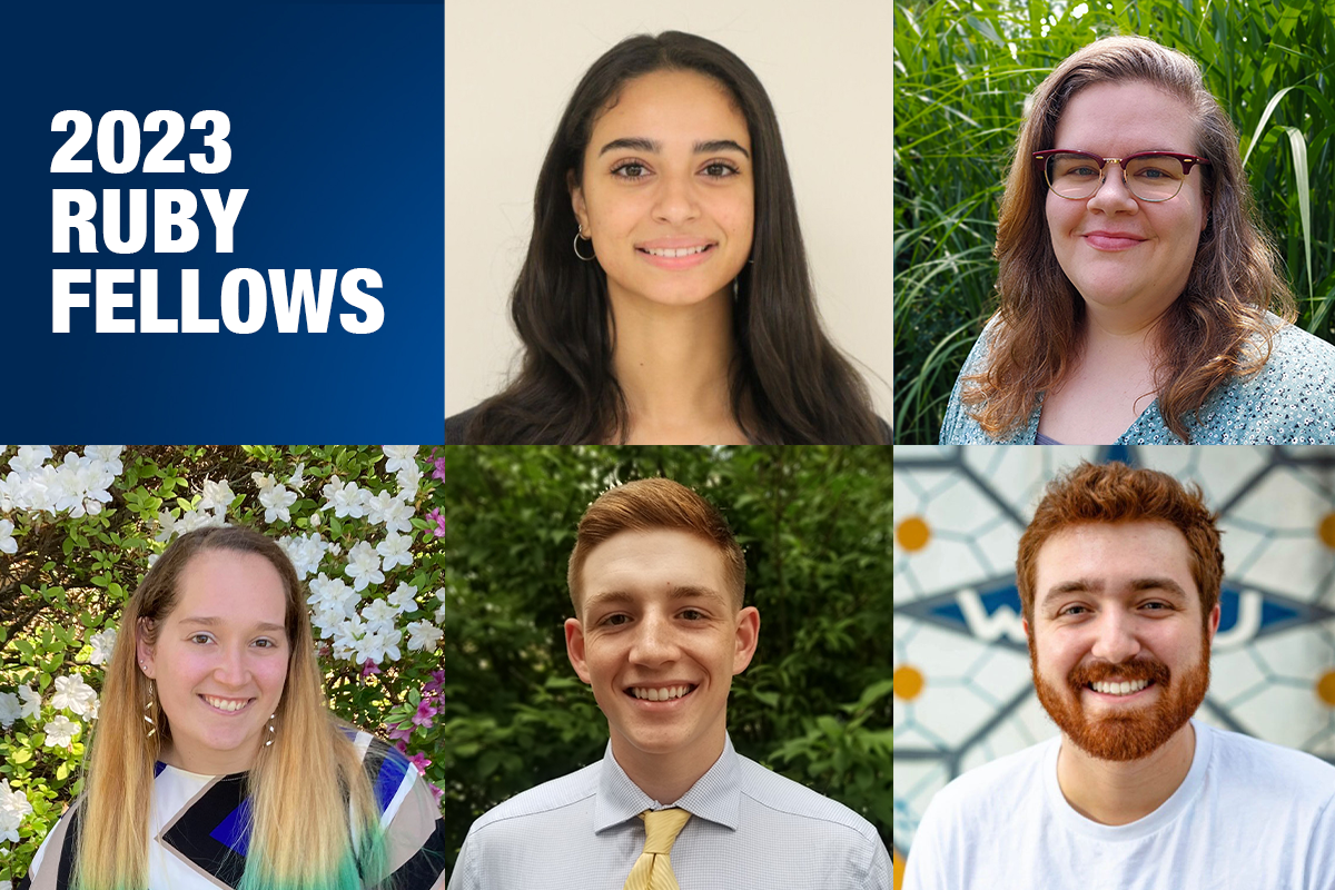 The 2023 Ruby Fellows — Christopher Anderson, Jessica Hovingh, Annalisa Huckaby, Nicole Krahulik and Travis Rawson — are shown in a grid. In the top left are the words 2023 Ruby Fellows in white against a blue background.