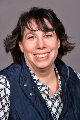 Headshot of WVU employee Lisa Hanselman. She is pictured in front of a gray background wearing a navy blue and white patterned shirt under a navy blue vest. She has shoulder length dark hair. 