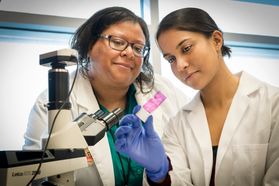 Candice Brown, a researcher with the WVU Rockefeller Neuroscience Institute (L), examines cell samples with Sneha Gupta, a second-year School of Medicine student, at the Erma Byrd Biomedical Research Building.