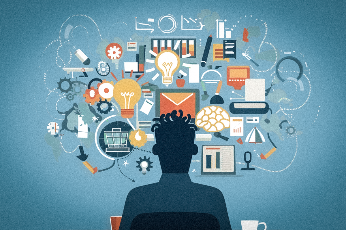 An illustration showing a person from behind presumably seated at a desk with a white coffee mug to their right and dozens of overlapping icons in the space above their head depicting the feeling of ADHD. 