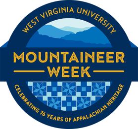 A logo for Mountaineer Week is dark blue with gold lettering and includes blue tones for mountains at the top and quilt patterns at the bottom.