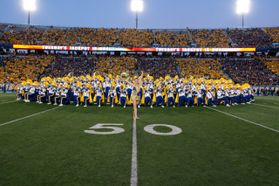 The Mountaineer Marching band performs during pregame of a WVU football game.