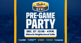 Graphic for the WVU Alumni Association Duke's Mayo Bowl pre-game party. The graphic is predominately blue, gold and white and includes details of the party as well as logos of sponsors along the bottom. 