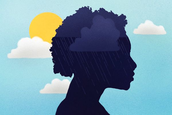 silhouette of person with short hair, rain cloud inside the head, sunshine peaking through clouds in the background