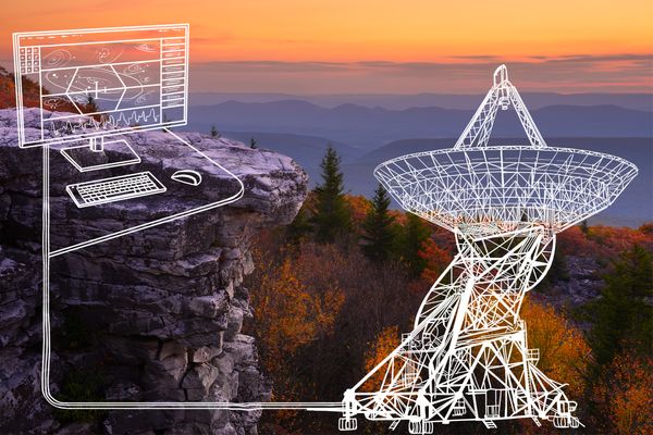 graphic of large satellite dish, laptop computer, laid over photo of mountain sunset scene