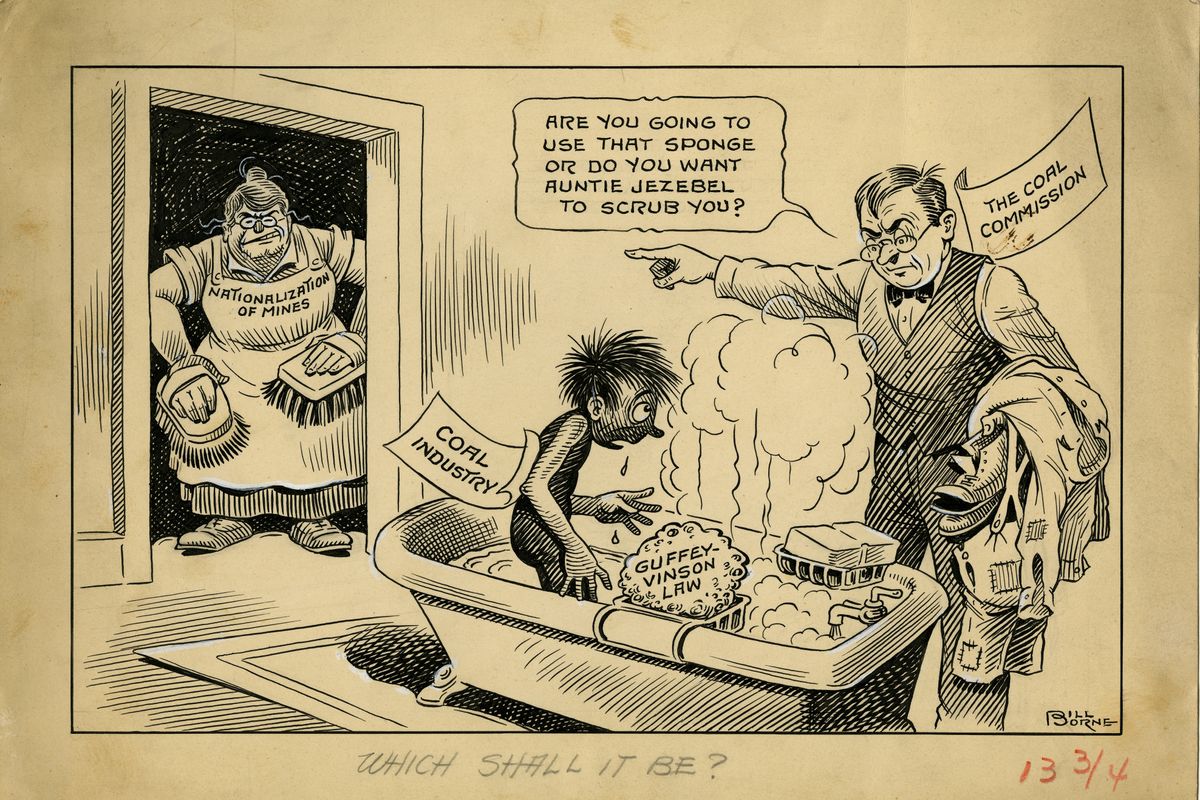 Old cartoon depicting coal companies getting a bath
