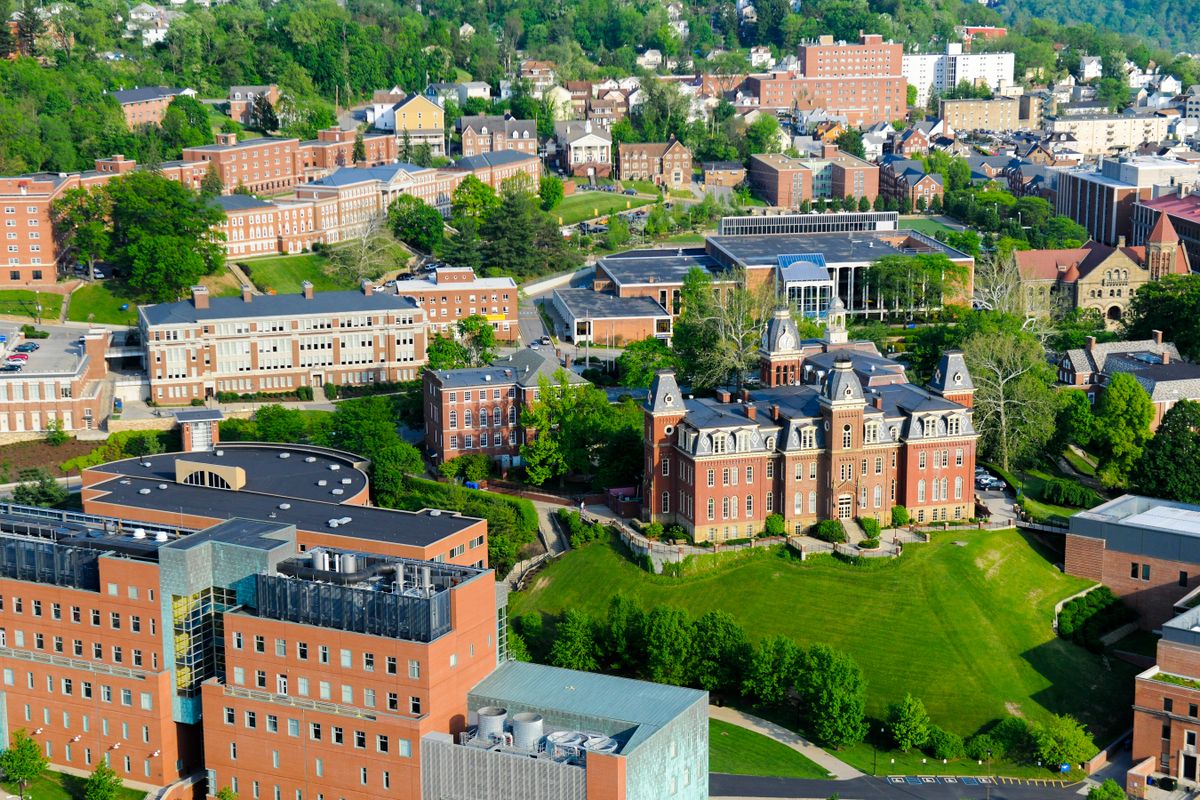 An aerial shot of WVU's downtown campus